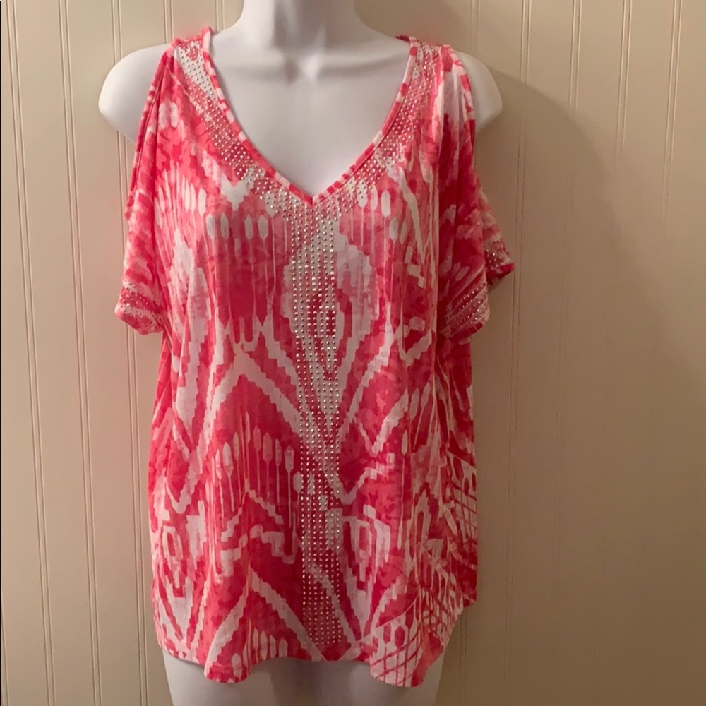 INC Cold Shoulder Pink and White Beaded Top Size PXL